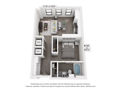 Floor plan for 1 bed, 1 bath, 600 sqft
